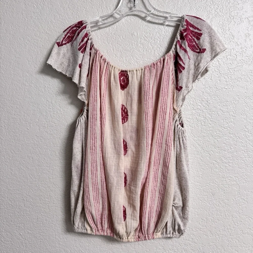 Free People Pukka Tee Womens Small Cream‎ Pink Boho Embroidered Peasant Top